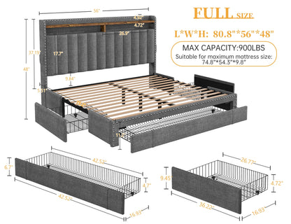 EnHomee Queen Bed Frame with 3 Storage Drawers Upholstered Queen Size Bed Frame with Headboard Noise Free Platform Bed with Metal Frame & Wood Slats Support Beige Bedroom Furniture for Adults Clothes