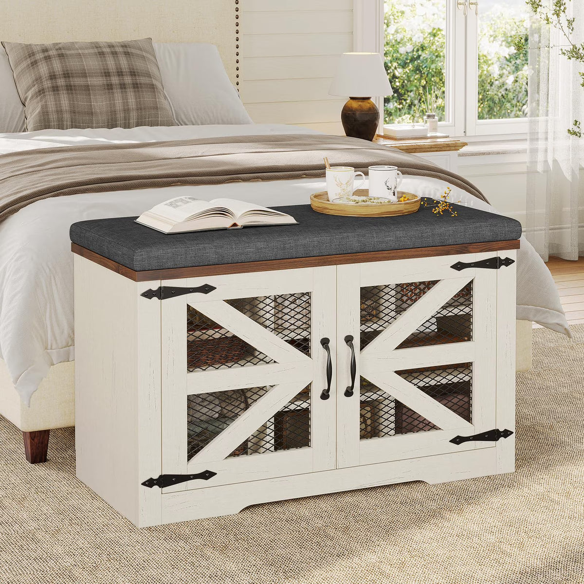 Farmhouse Storage Bench with Cushion, 31.4in Shoe Cabinet with Metal Barn Door and Half Hidden Storage Space for Entryway, Bedroom, Living Room, Old White