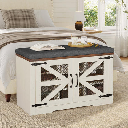 Farmhouse Storage Bench with Cushion, 31.4in Shoe Cabinet with Metal Barn Door and Half Hidden Storage Space for Entryway, Bedroom, Living Room, Old White