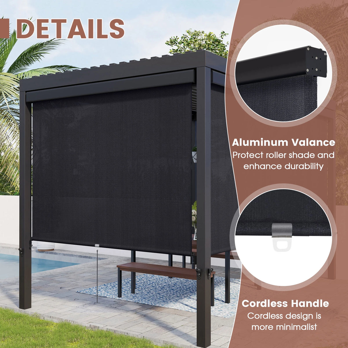 Vicllax Outdoor Patio Blinds Sun Shades Spring Roller Shade with Valance for Patio, Gray, 8'Wx8'H