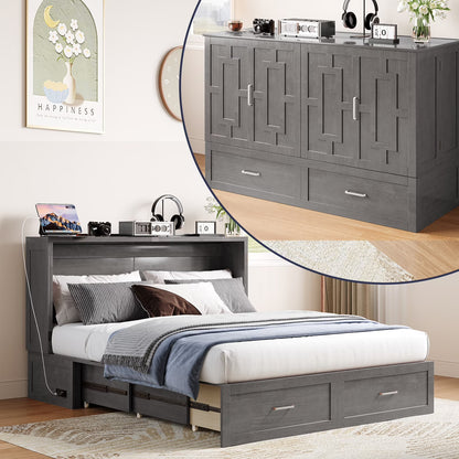ZAFLY Murphy Bed with Trifold Foam Mattress, Cabinet Bed has USB Charging Station, Convertible Bed with Storage Platform, Cabinet Chest Bed with Large Drawers for Living Room/Bedroom (Grey)
