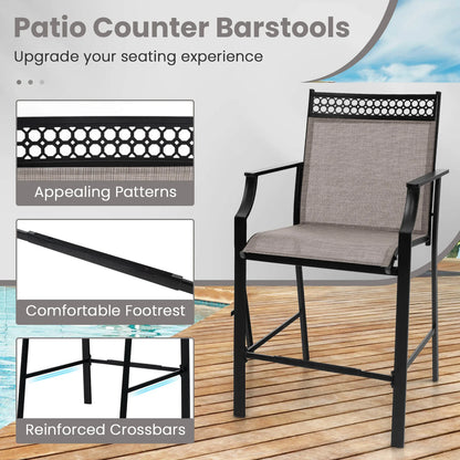 Costway Outdoor Counter Stools Set of 2 with Footrest & Armrests Metal Frame for Backyard Blue