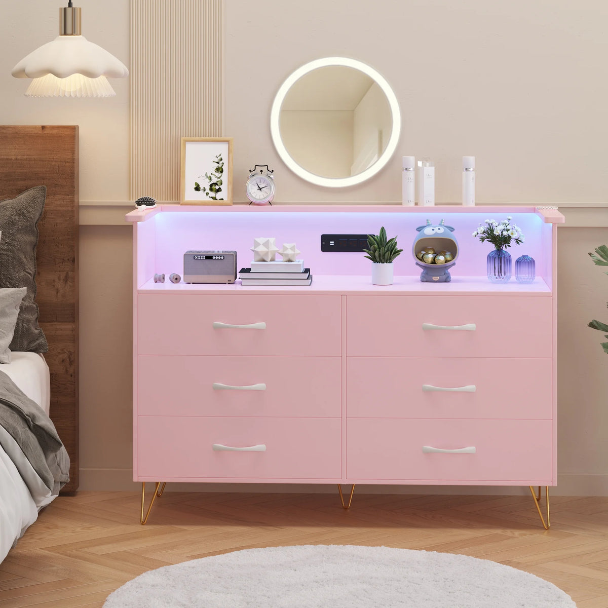 Homhougo Dresser for Bedroom 6 Drawer with LED Light & Charging Station, Wooden Dressers and Chests of Drawers with 2-Tier Open Shelves, Wide Dresser Organizer for Living Room Hallway Entryway, Pink