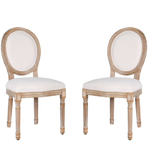 French Dining Chairs Set of 2 Beige Natural Fabric Round Back with Solid Wood Legs and Frame for Bedroom Dining Room Kitchen