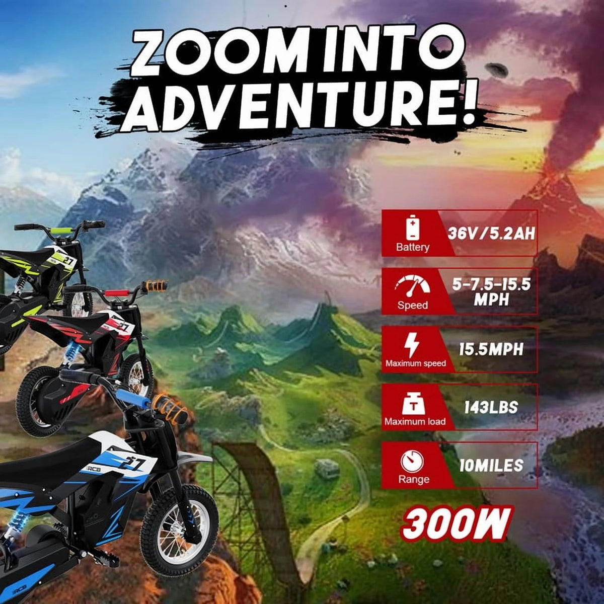 RCB Electric Dirt Bike,36V&300W&10Miles,3 Speed Modes Motocross for Kids Ages 3-12 Red