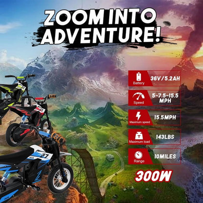 RCB Electric Dirt Bike,36V&300W&10Miles,3 Speed Modes Motocross for Kids Ages 3-12 Red