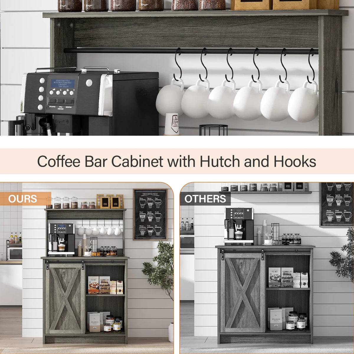 Catrimown Coffee Bar Cabinet, Barn Door Sideboard Buffet Cabinet with Storage, White