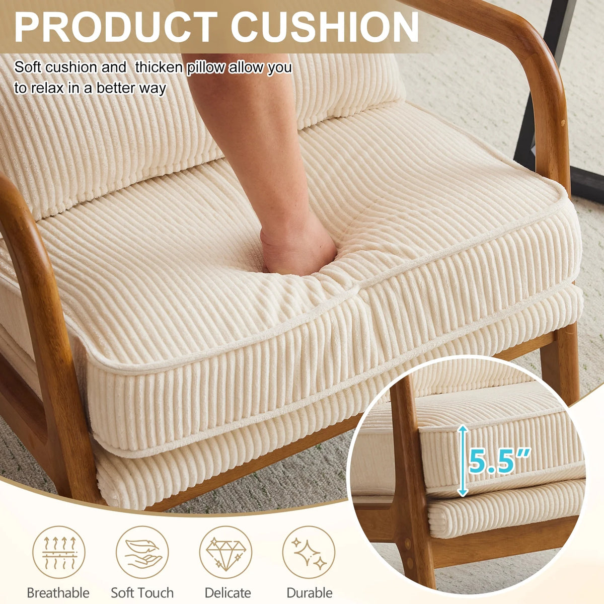 Ktaxon Accent Chair Corduroy Upholstered Armchair, Reading Club Chair with Pillow and Solid Wood Frame for Living Room Bedroom Furniture Off White