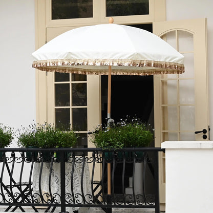 LAGarden 6 Ft Fringe Patio Umbrella with Tassel Jazz Age Wood UPF50+ for Outdoor, Beige with gold tassel,Model: JZ6-01