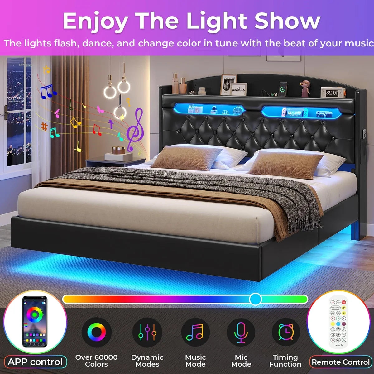King Size Bed Frame with Storage Headboard and LED Lights,Upholstered Platform Bed with USB Port Charging,Headboard with Shelves Hidden Storage,Noise-Free,Dark Grey