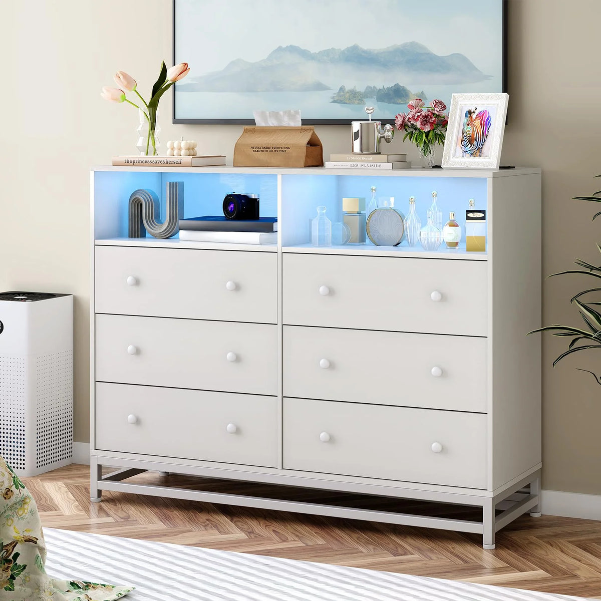 Homhougo Dresser for Bedroom 6 Drawer with LED Light & Charging Station, Wooden Dressers and Chests of Drawers with 2-Tier Open Shelves, Wide Dresser Organizer for Living Room Hallway Entryway, Pink