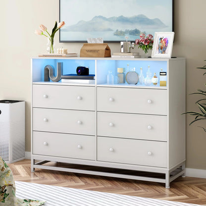 Homhougo Dresser for Bedroom 6 Drawer with LED Light & Charging Station, Wooden Dressers and Chests of Drawers with 2-Tier Open Shelves, Wide Dresser Organizer for Living Room Hallway Entryway, Pink