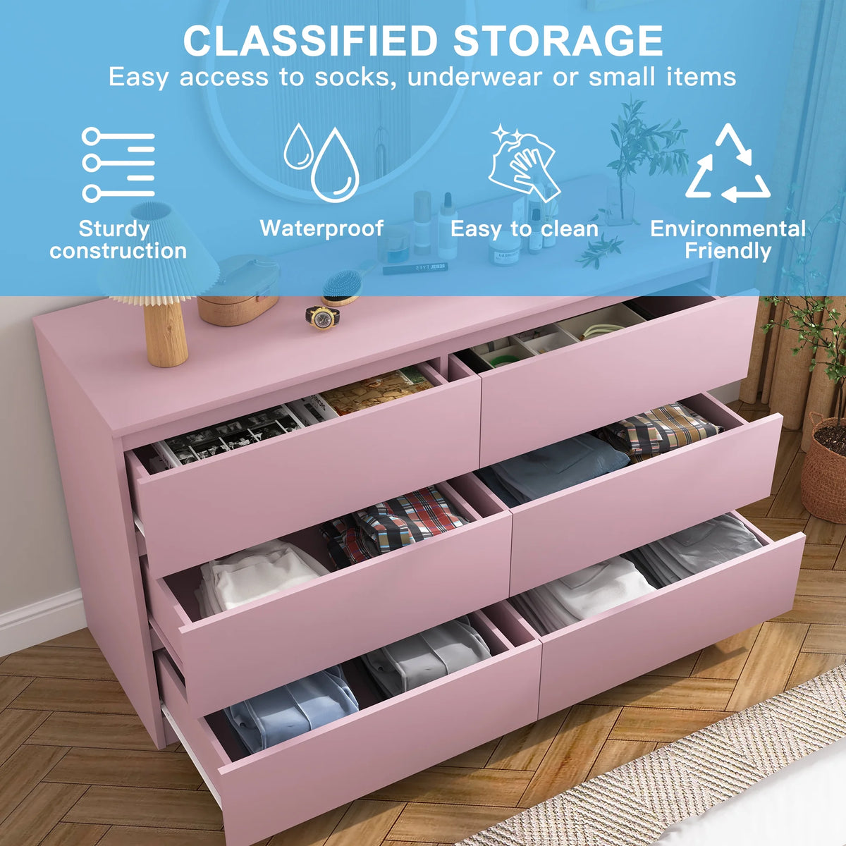 Kadyn White Chest of Drawer, 6 Double Drawer Dresser for Bedroom, Modern Storage Cabinet for Living Room, Dresser