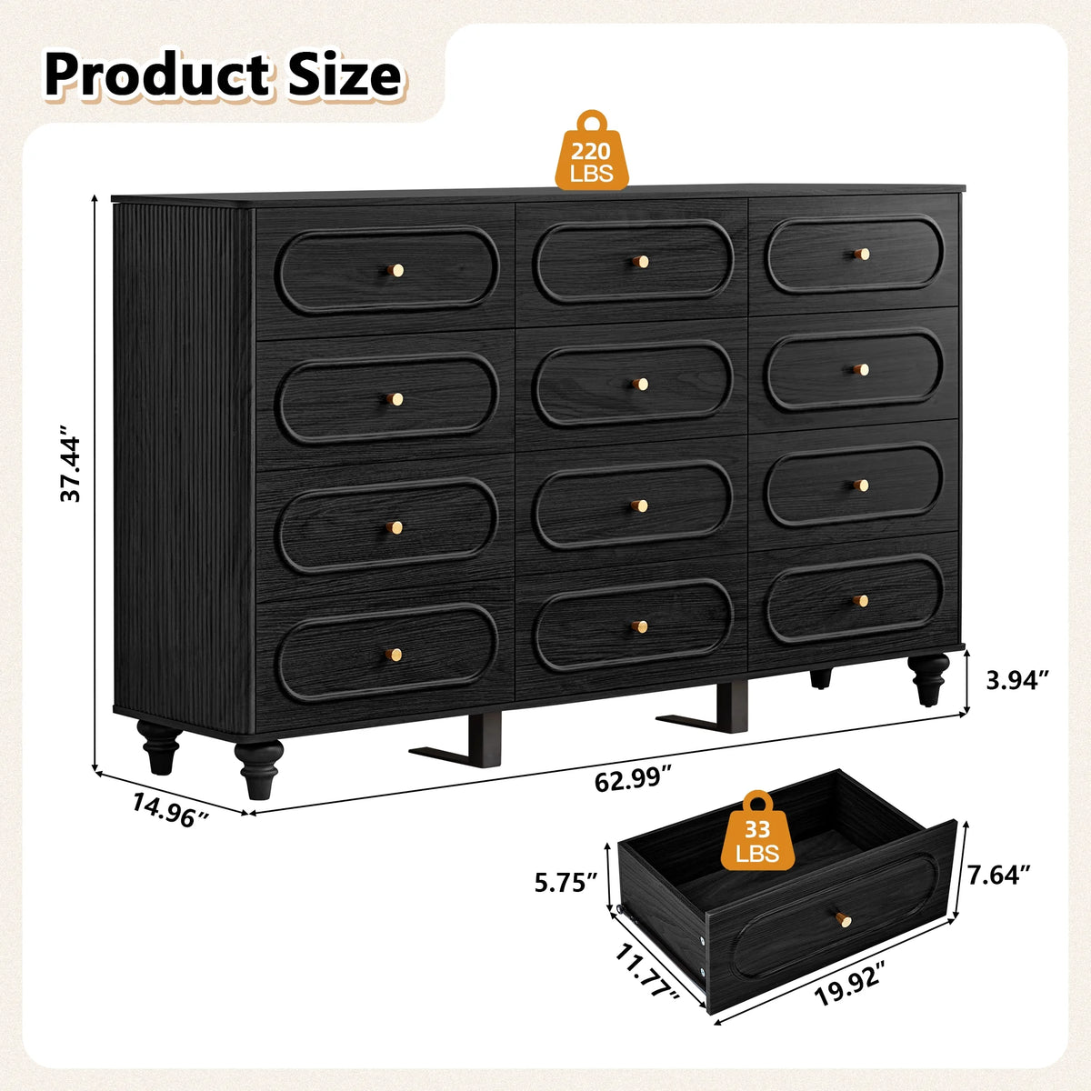 YOCWO 3 Drawer Nightstand, Classic Chest of Drawers with Arc Edge, Walnut