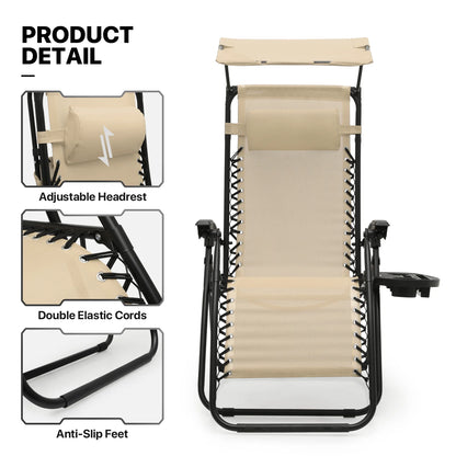 MoNiBloom Zero Gravity Chairs Set of 2, Folding Outdoor Patio Beach Recliner with Canopy Shade & Headrest, Black