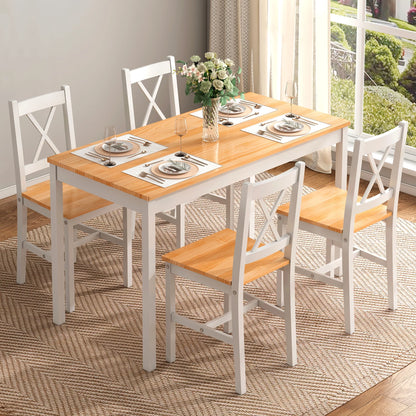 Soges 5 Pieces Dining Table Set, Pine Wood Kitchen Dining Table with 4 Chairs, Wood Rectangular kitchen table and chairs for 4, Small Dining Set for Bar Dining Room Breakfast Nook, White and Gray