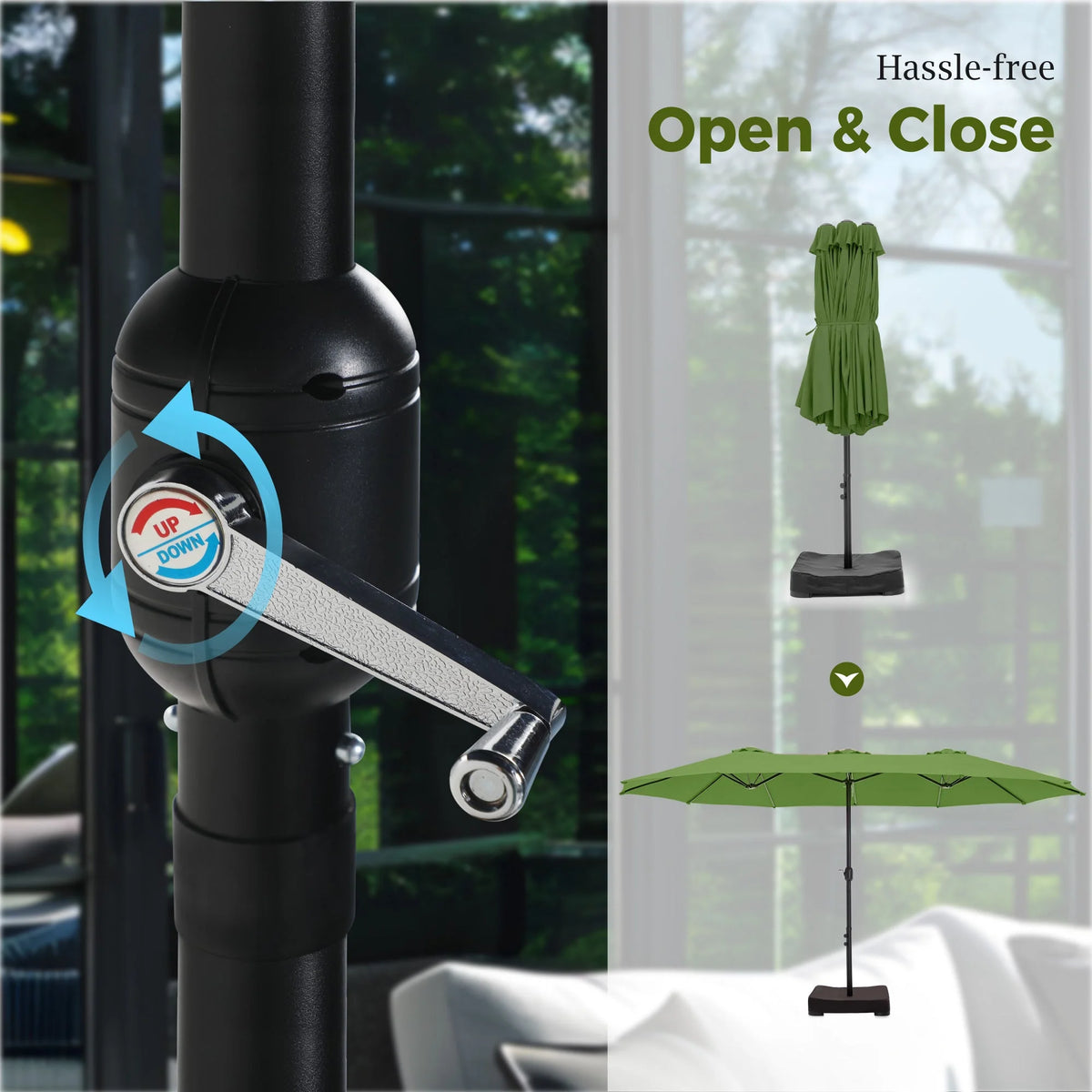 Alpha Joy 15ft Outdoor Patio Umbrella Extra-Large Double-Sided Garden Umbrella with Crank Handle and Base - Smoky Gray