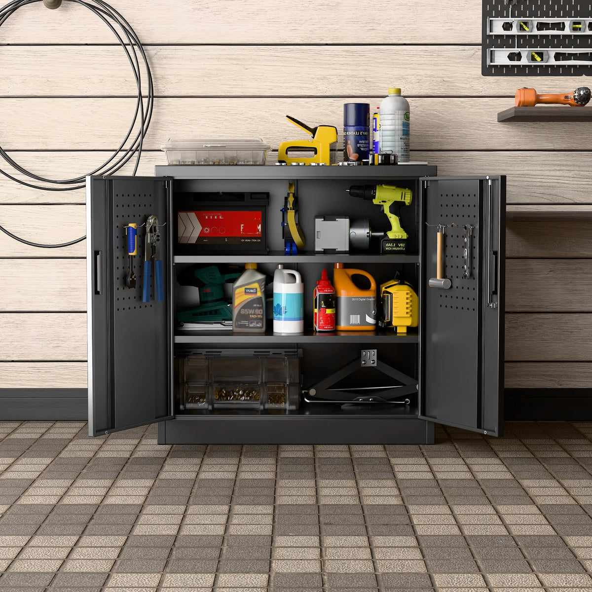 GANGMEI 72 Inches Tall Metal Garage Storage Cabinets with 5 Adjustable Shelves, Lockable Steel Black Storage Cabinet with Doors for Office, Home, School, Shops, Garage, Assembly required