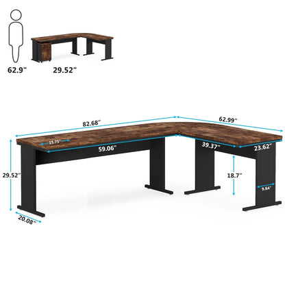 83" L-Shaped Executive Desk, Large L Office Desk with 3-Drawer Mobile File Cabinet, Business Furniture Desk Workstation Brown