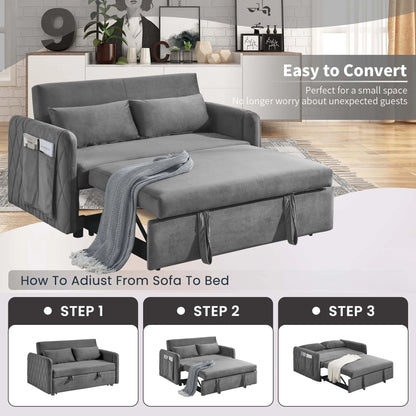 Momspeace 55" Modern Velvet Pull Out Sofa Bed Loveseat Lounge Chaise,Sleeper Sofa Bed with Adjustable Backrest 2 Detachable Arm Pockets - Gray