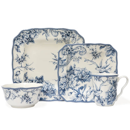 222 Fifth Adelaide Round 16-Piece Porcelain Dinnerware Set, Black Toile