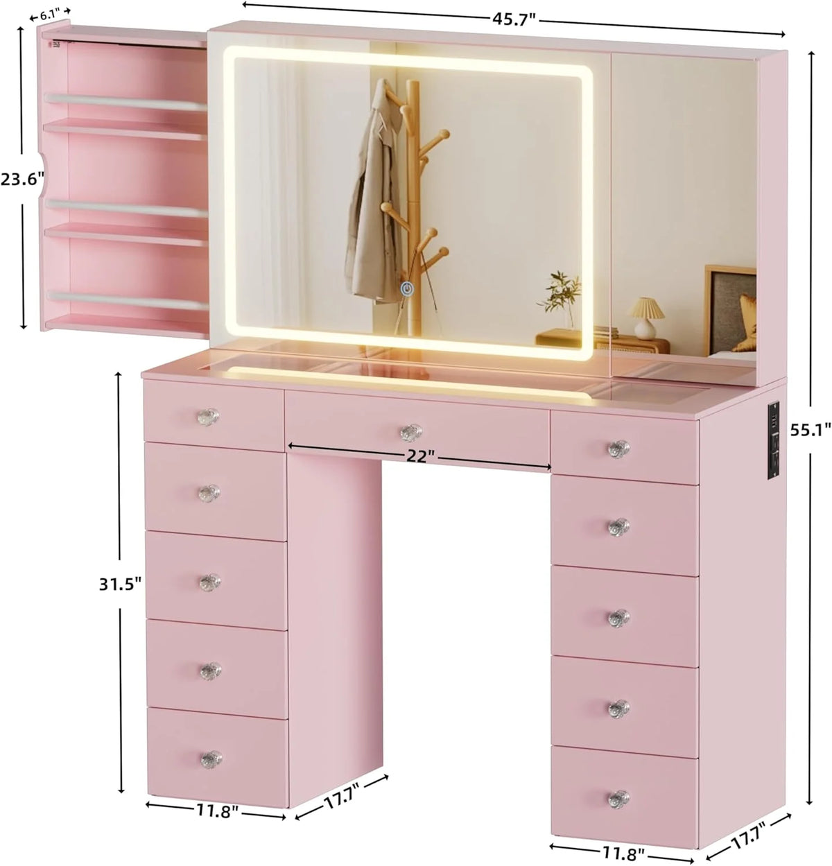 PAKASEPT Vanity Set with Lighted Mirror, Large Vanity Desk with Charging Station, Makeup Vanity Table with 11 Drawers & Hidden Sliding Storage Cabinet & Visible Glass Tabletop for Bedroom (White)
