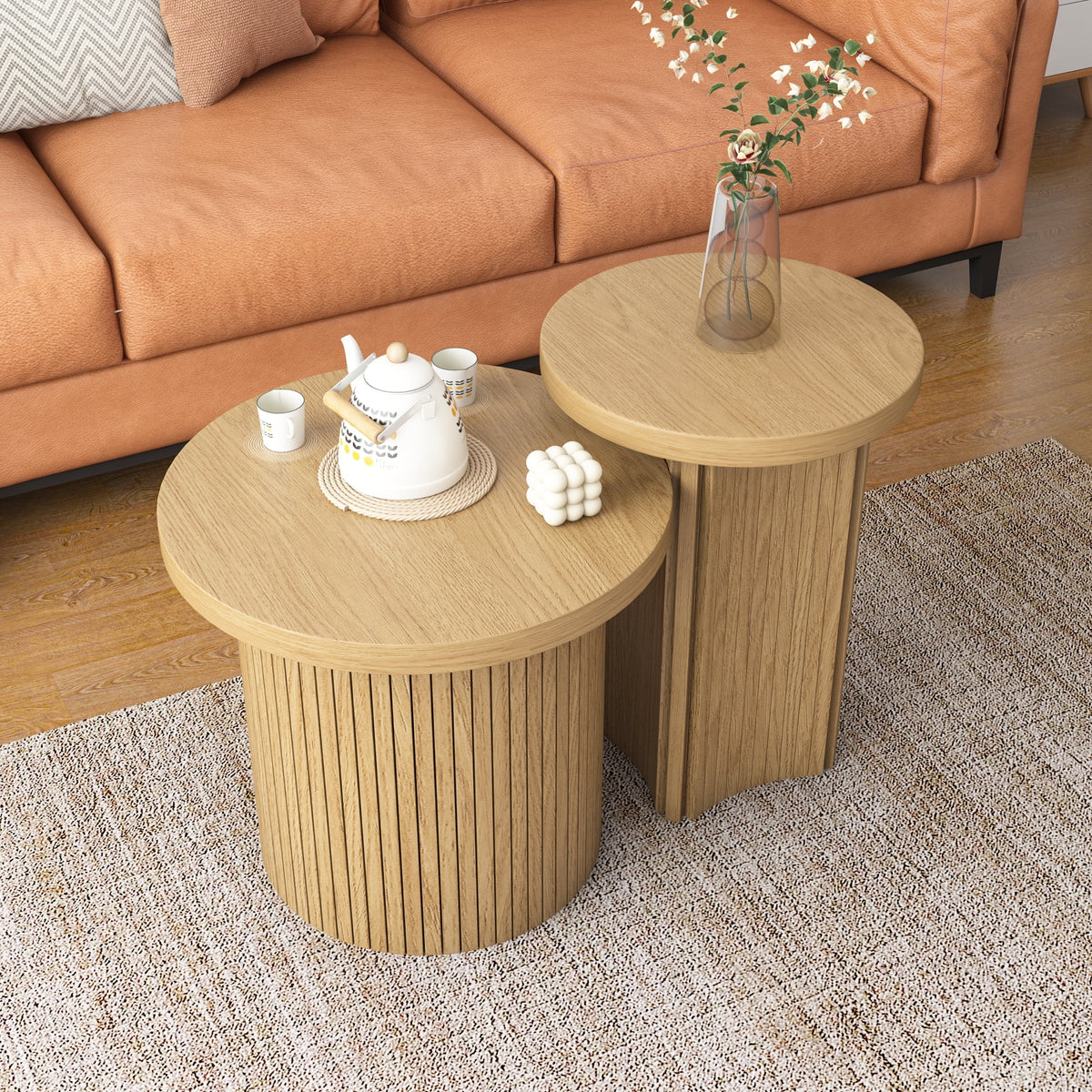 Nesting Coffee Table Set of 2, Wooden Round Coffee Table, Modern Circle Side Table, Accent End Side Table for Living Room, Office, Balcony
