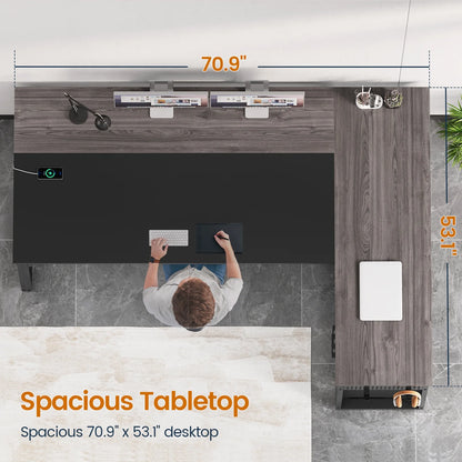 71" Executive Desk with Power Outlets, Modern L Shaped Office Desk with File Drawers and Pegboard, Large Computer Desk, Rustic Brown