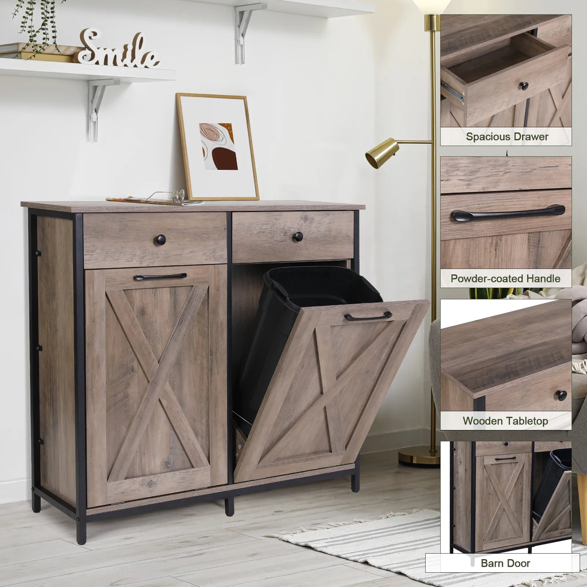 Pirecart 20 Gallon Double Tilt Out Trash Cabinet Wood Hidden Storage Cabinet, Recycling Cabinet with 2 Drawers, Black
