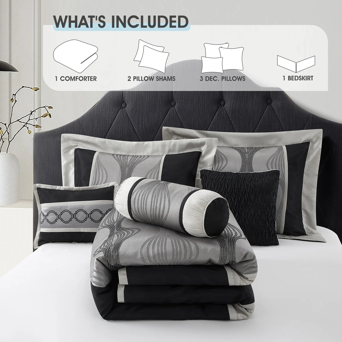 Lanco Elegant Black and Gold Comforter Set,Striped, 7 Pieces Jacquard Bedding Sets with Comforter for All Season, Bed Skirt, Pillows & Shams, Queen Size, Lightweight Microfiber