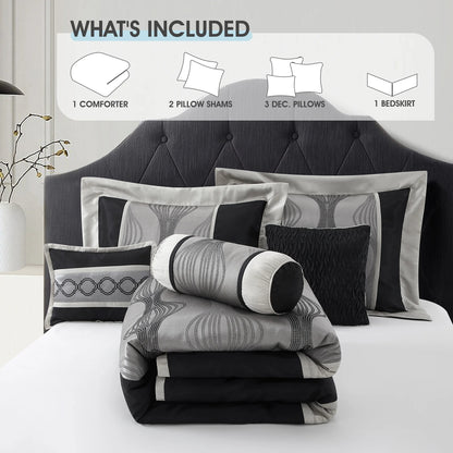 Lanco Elegant Black and Gold Comforter Set,Striped, 7 Pieces Jacquard Bedding Sets with Comforter for All Season, Bed Skirt, Pillows & Shams, Queen Size, Lightweight Microfiber