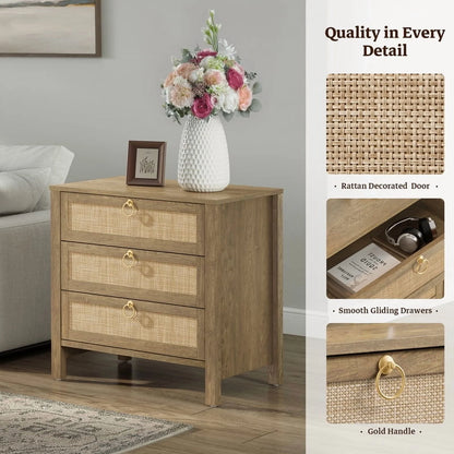Surmoby Oak Boho 3-Drawer Nightstand Set of 2 - Extra Wide Storage Night Stand with Gold Handles Large&Tall Bed Side Table for Bedroom Living Room Enterway