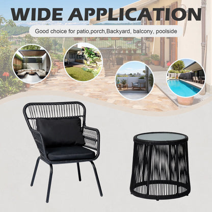 Tappio 3-Piece Patio Conversation Bistro Set Rattan Furniture, Outdoor Patio Set w/Glass Top Table & Cushions for Garden Balcony Backyard Poolside, Yellow/Beige
