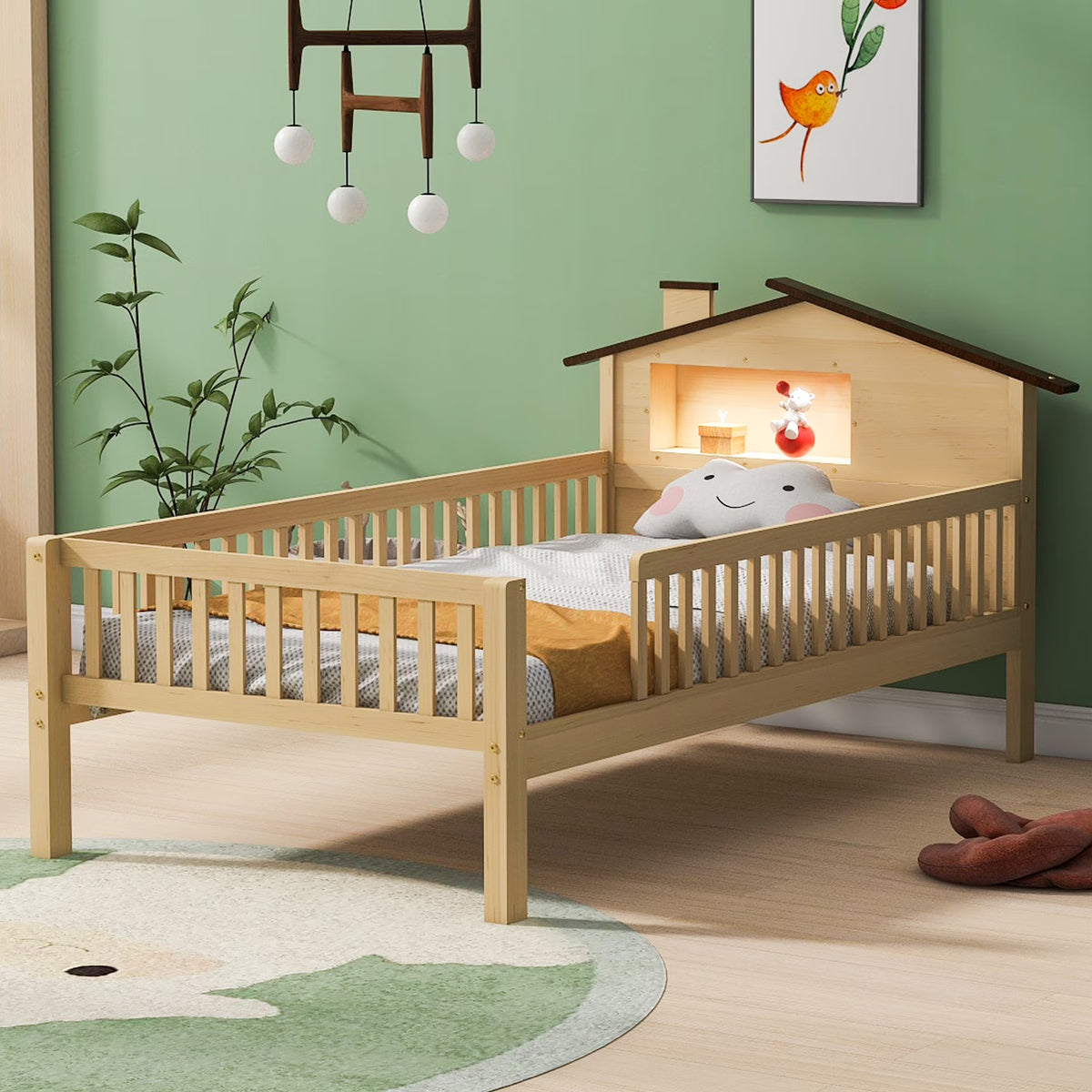 Euroco Wood Twin Size Platform Bed, House Bed with LED Light and Storage, White