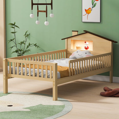 Euroco Wood Twin Size Platform Bed, House Bed with LED Light and Storage, White