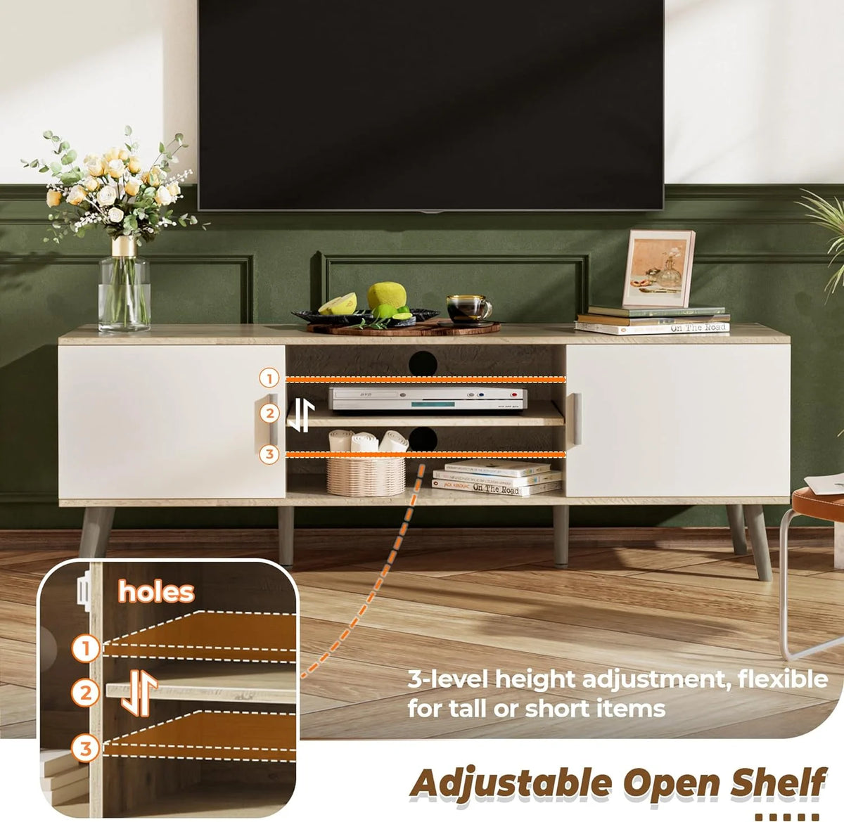 LL TV Stand for 55 Inch TV, Entertainment Center with Adjustable Shelf, 2 Cabinets, TV Console Table, Media Console, Solid Wood Feet, Cord Holes, for Living Room, Bedroom, White