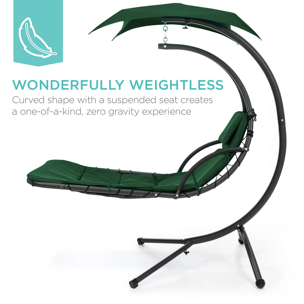 Best Choice Products Hanging Curved Chaise Lounge Chair Swing for Backyard, Patio w/ Pillow, Shade, Stand - Teal