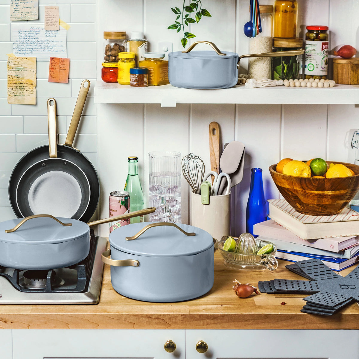 Beautiful 12pc Ceramic Non-Stick Cookware Set with Strainer Lids, White Icing by Drew Barrymore