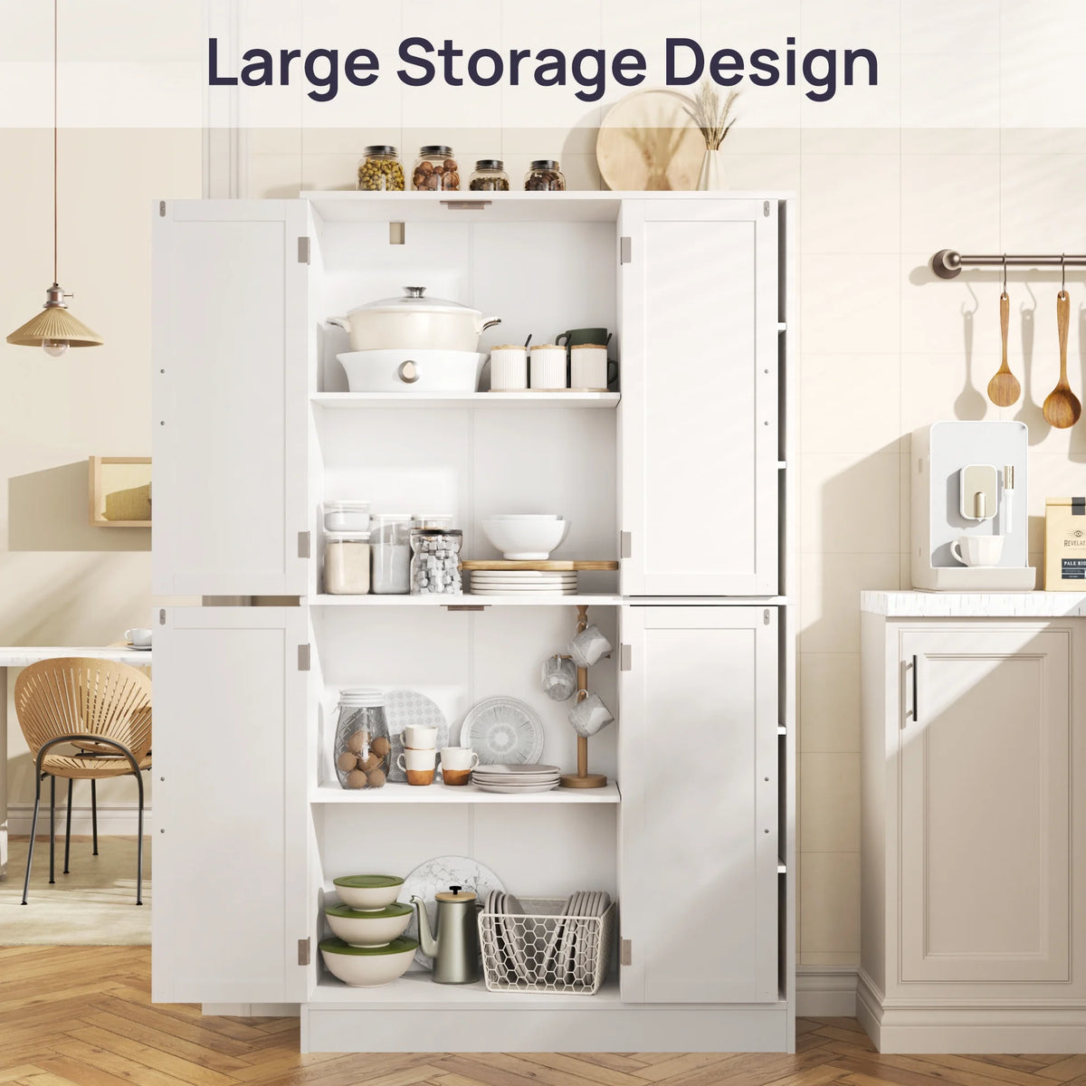 63" Tall Kitchen Pantry, Kitchen Pantry Cabinet with 4 Doors and Adjustable Shelves, Storage Cabinet for Dining Room, Laundry Room, Oak