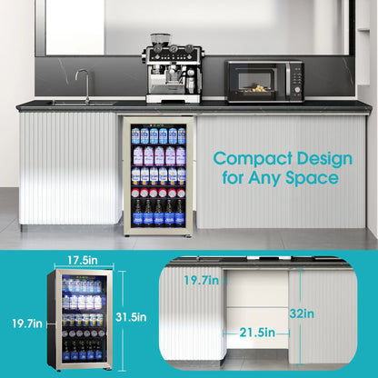 Qunler 130 Can Beverage Cooler Refrigerator with Glass Door for Beer Soda Water, Drink Fridge for Home Bar, Silver