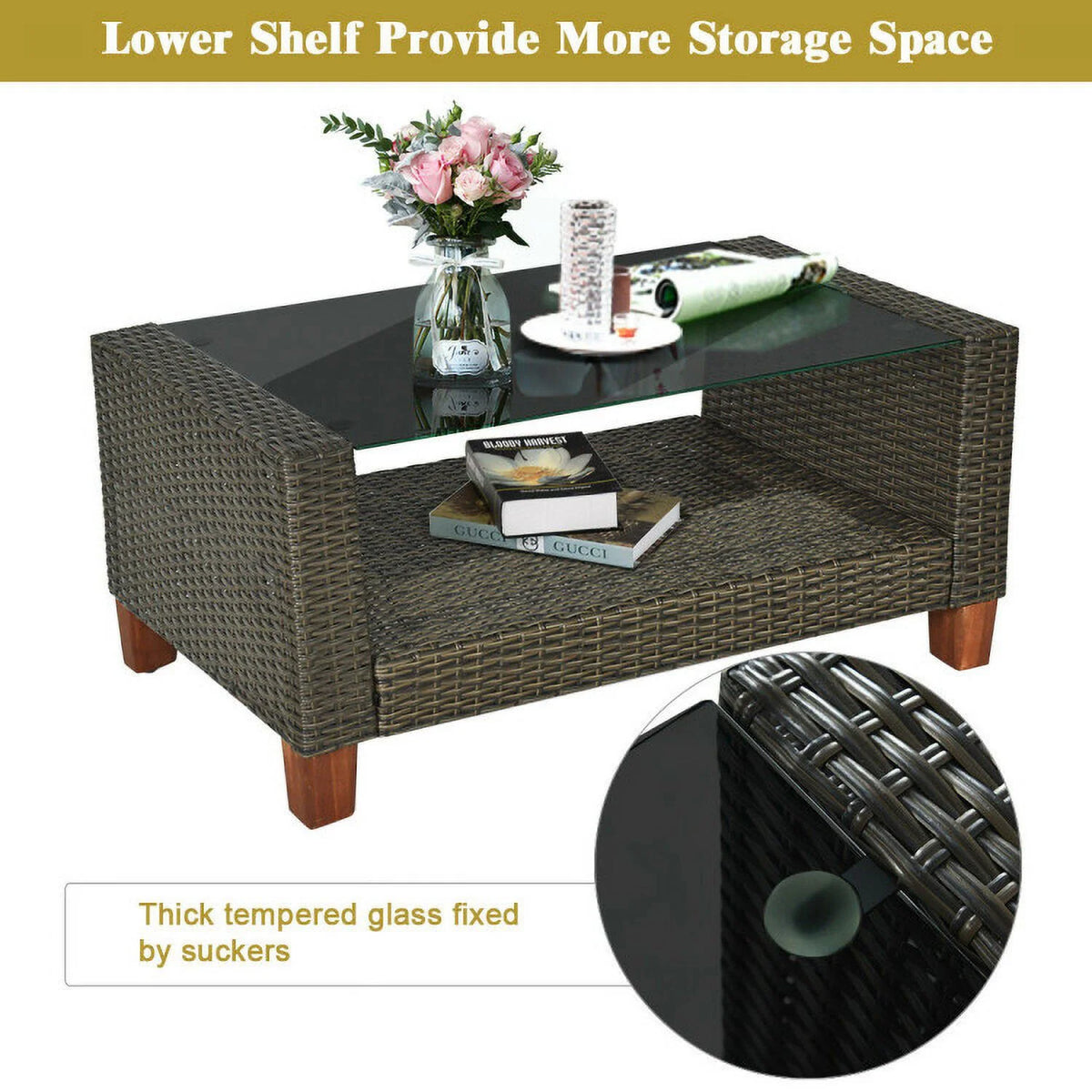 Resenkos 4 Pieces Patio Rattan Furniture Set, Outdoor Furniture Garden Conversation Bistro Sets with Coffee Table
