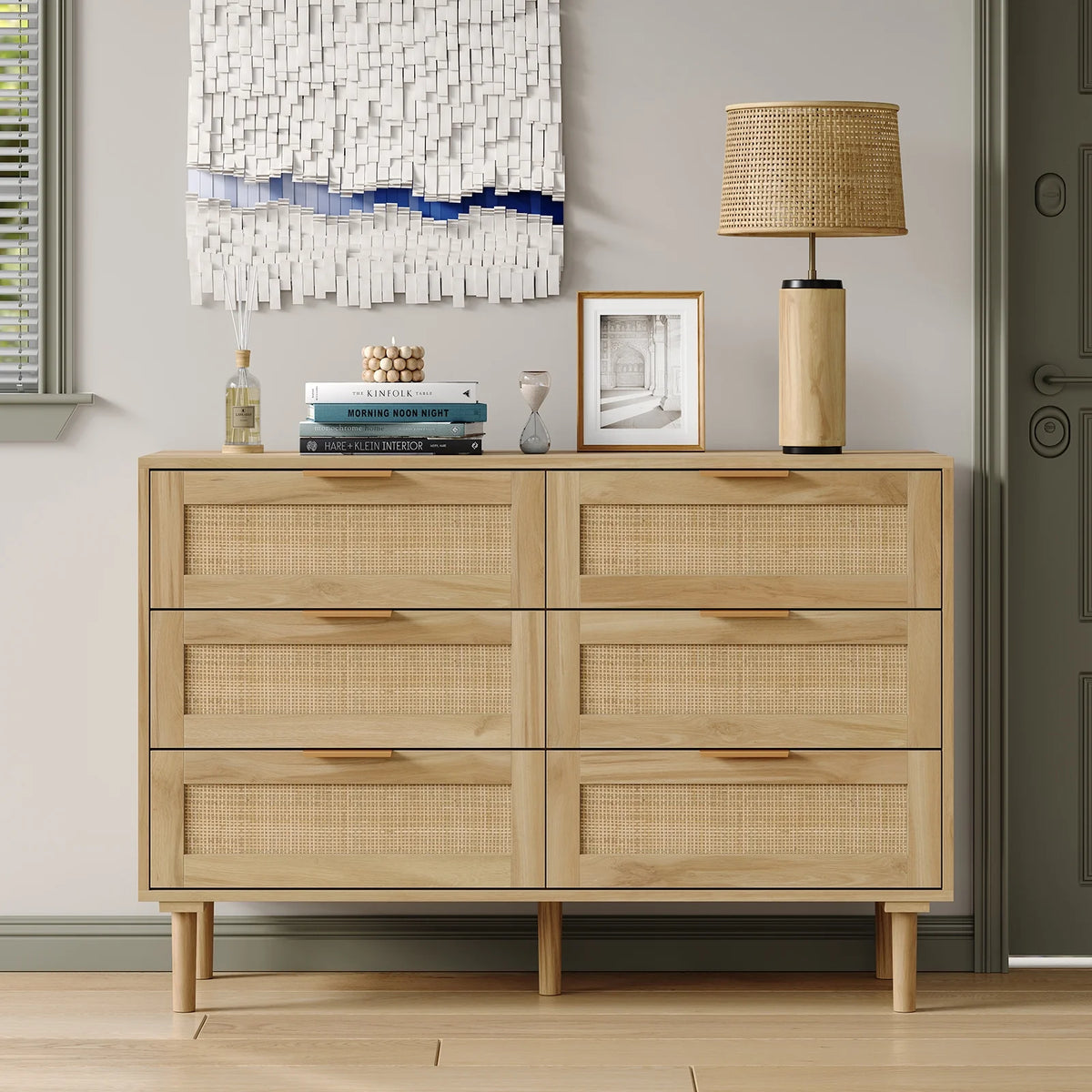 Furnihold 6 Drawer Rattan Dresser for Bedroom, Wooden Dresser Chest of Drawers, Storage Organizer for Closet, Beside Table for Living Room, Entryway