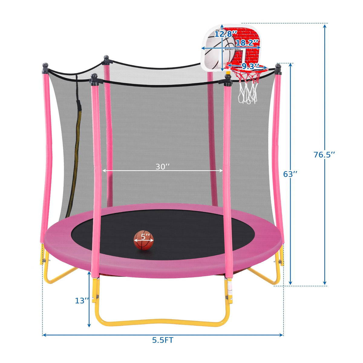 Leuco 66" Kids Trampoline with Basketball Frame, Rubber Ball and Enclosure Net, 5.5ft Mini Small Toddler Trampoline Toys for Indoor and Outdoor Use, Age for 1-8 years old
