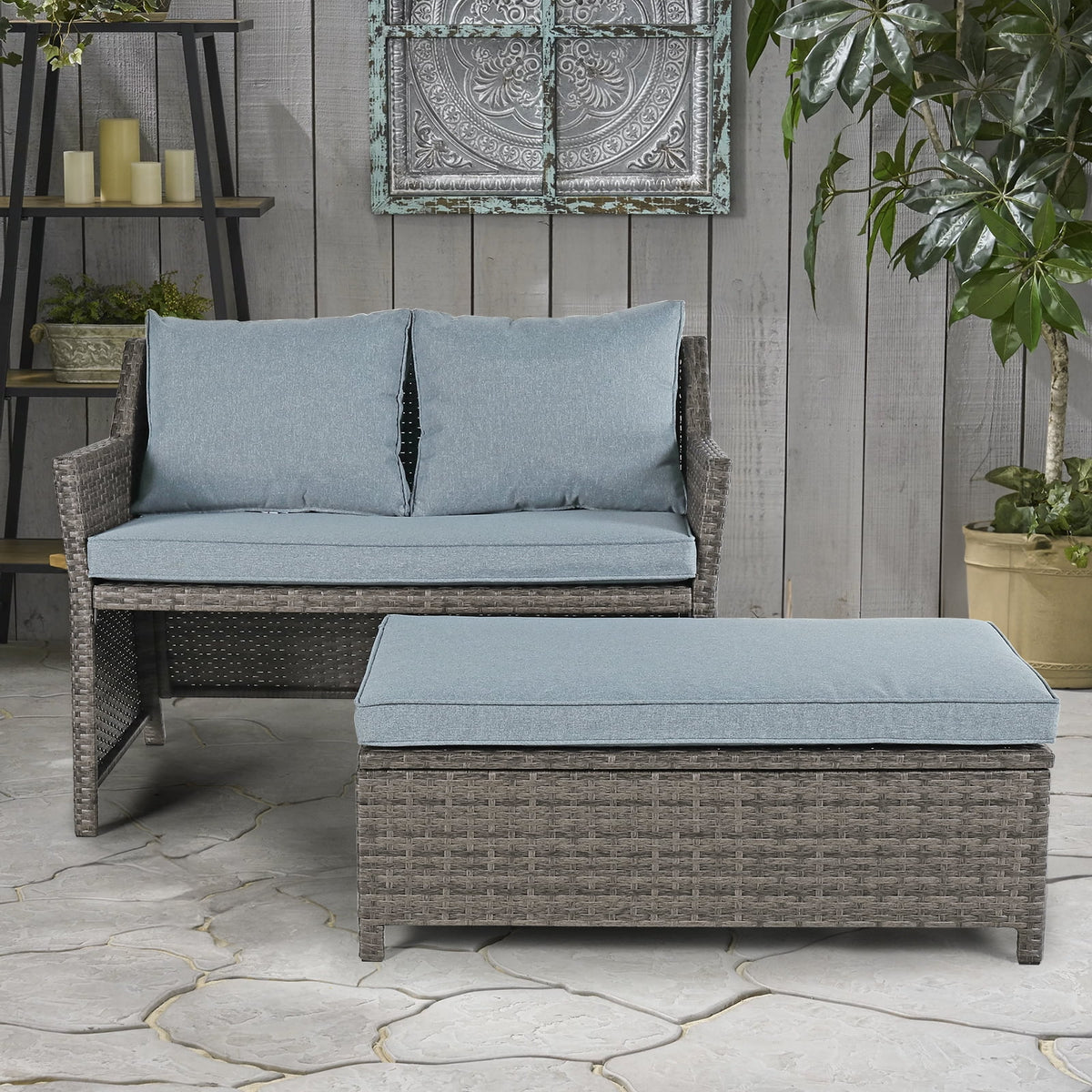 Outdoor Wicker Love Seat and Coffee Table Set, Weather Resistant Grey Rattan, Patio Furniture with Gray Cushions & Storage Bin