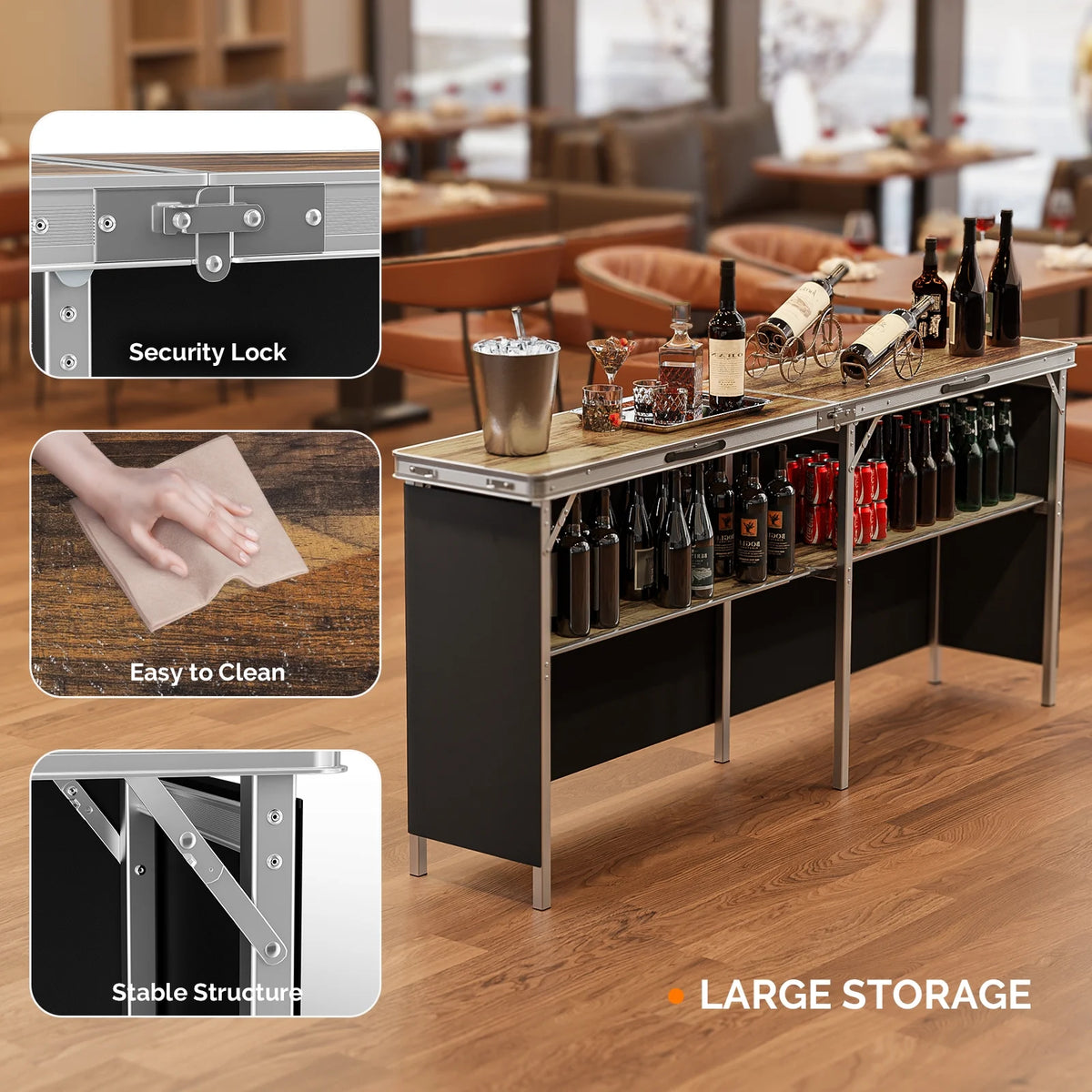 Ktaxon 78" Foldable Bar Table, Mobile Bar with 3-Tier Shelves & Carry Bag - Perfect for Events, Parties, Camping, Picnics, Tradeshows, and Both Outdoor/Indoor Use (Comes with Black Skirt, Black)