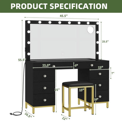 Uforic 55" Vanity Desk with Lighted Mirror & Power Outlet & 8 Drawers, Modern Makeup Vanity Table Set with Storage Stool, White