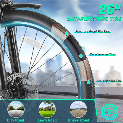 Gocio 26" Electric Bike for Adults, 500W Electric Cruiser Bike, 48V/7.8Ah Removable Battery, 7 Speed, City Commuting E-bike, UL2849