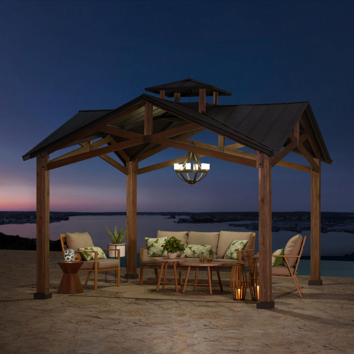 Sunjoy 12.5 x 12.5 ft. Hardtop Gazebo Outdoor Cedar Frame Wood Gazebo with Steel 2-Tier Hardtop Roof and Ceiling Hook