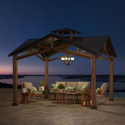 Sunjoy 12.5 x 12.5 ft. Hardtop Gazebo Outdoor Cedar Frame Wood Gazebo with Steel 2-Tier Hardtop Roof and Ceiling Hook