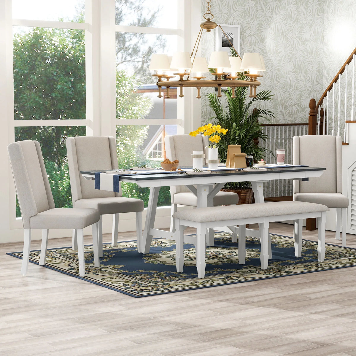 6 Piece Extendable Dining Table Set, Atumon Wood Dining Room Set for 6, Dining Table Set with 4 Beige Cushioned Chairs and Bench, Farmhouse Dining Table Set Furniture for Kitchen Dining Room, Natural